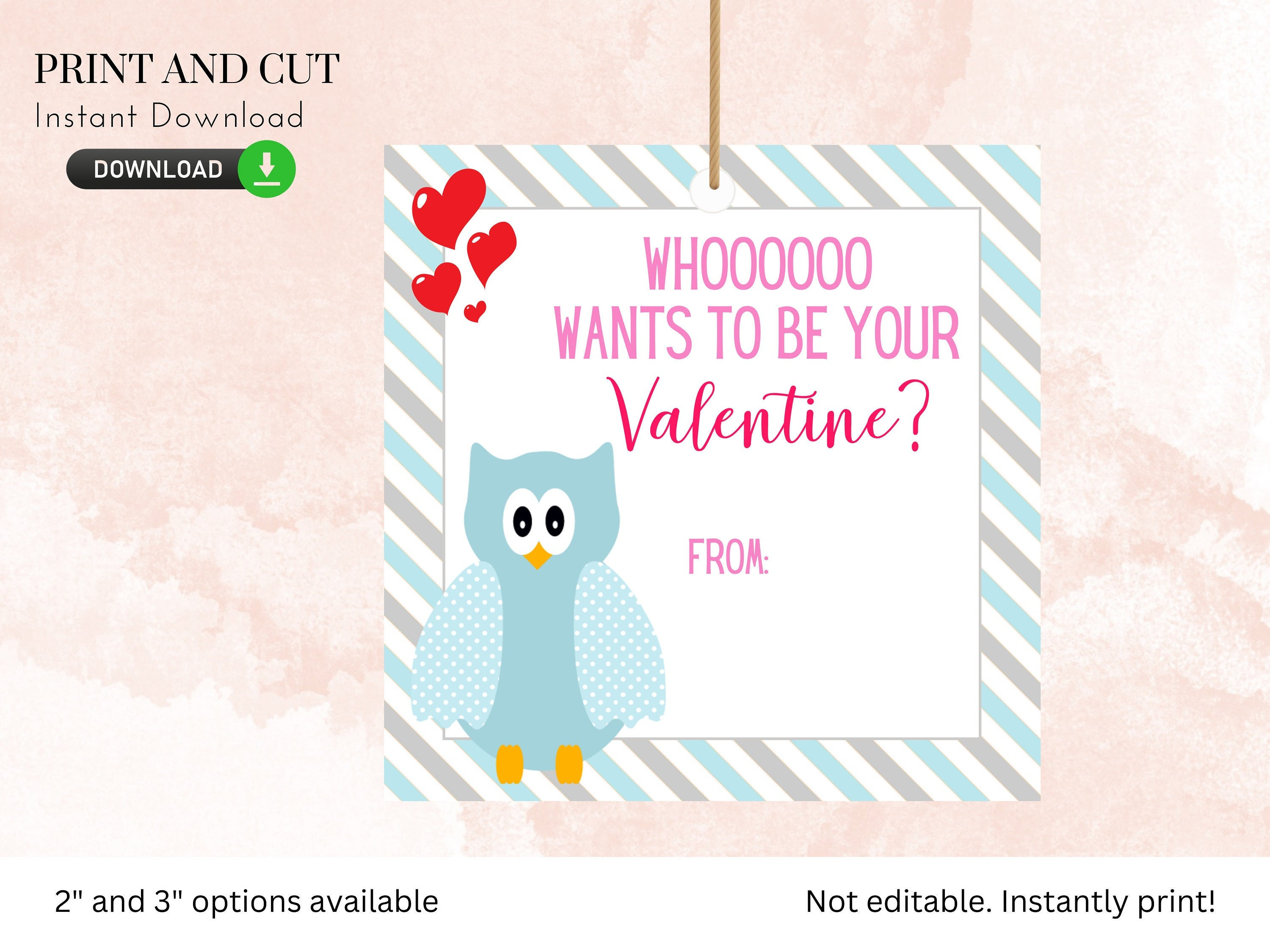 Owl Valentine's Day Tag- Printable -Valentines Day Card, School Vday Tag, DIY, school, Print and