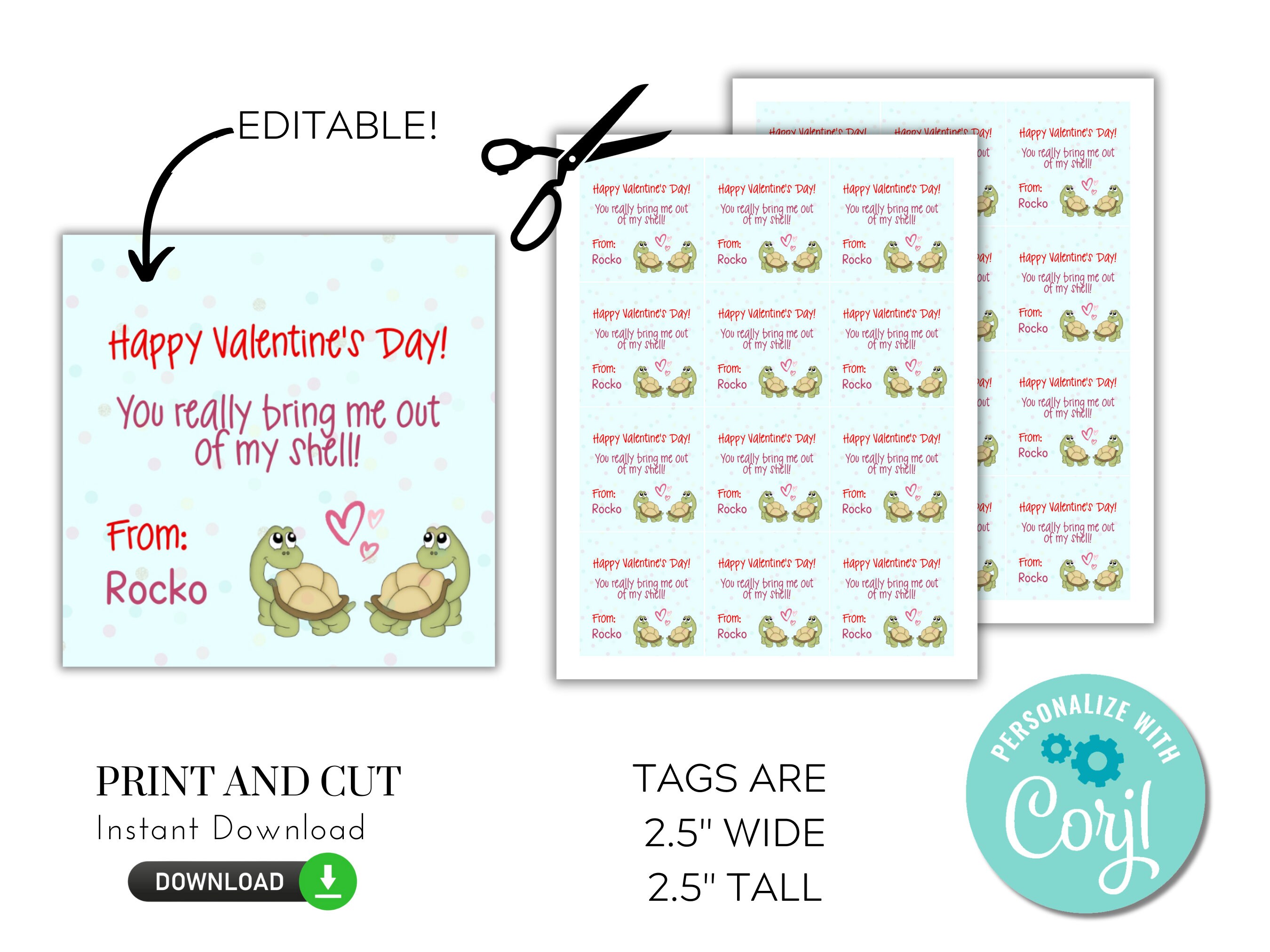 Turtle Valentine Tag- Printable and Editable -valentines Day Card ...