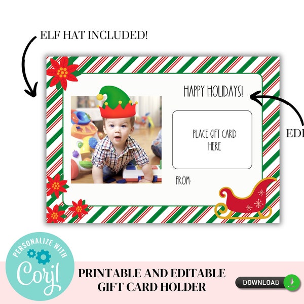 Printable and Editable Christmas Gift Card Holder - Holiday, Teacher Gift, Present for Teacher, Photo Gift Card, Elf Hat 145