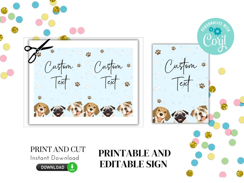 Blue sign with dogs for a let's pawty decorations. Printable.