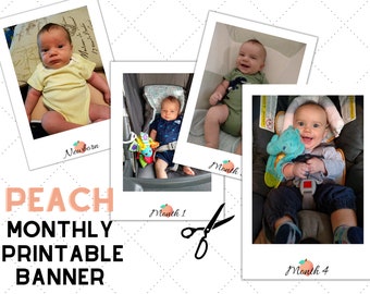 May include: A printable monthly baby banner with four photos of a baby boy in different outfits and poses. The banner includes the text "Peach Monthly Printable Banner" and a peach icon with a leaf. Each photo has a white frame and the text "Month 1", "Month 2", "Month 3", and "Month 4" below the photos.