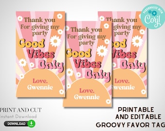 Groovy Favor Tags - druckbar und bearbeitbar - Good Vibes Only, Boho, 70s Favor Tags für Girly Birthday Party, Gänseblümchen Theme, Sticker