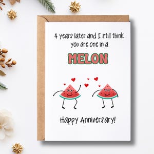 Biglietto di auguri stampabile per il 4° anniversario / Regalo di frutta / Biglietto digitale 5x7 / Regalo di anniversario / Biglietto di auguri per il 4° anniversario / Divertente biglietto di auguri con anguria per lei