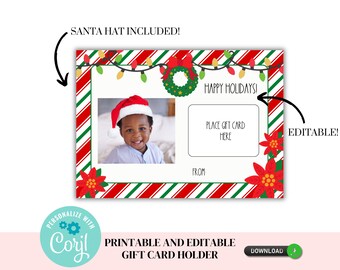 May include: Printable and editable Christmas gift card holder with a red and green striped background, a photo frame, a place to write "from", and the text "Happy Holidays!" and "Place gift card here".