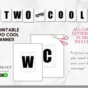 Może przedstawiać: Drukowany baner z napisem "TWO COOL" czarnymi literami na białym tle z czarnymi kropkami. Baner jest przeznaczony do wycięcia i złożenia. Obraz zawiera również instrukcje drukowania i wycinania banera.