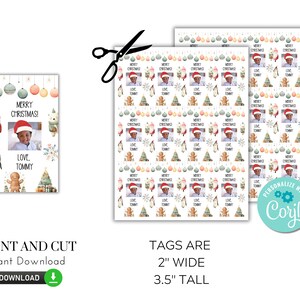 May include: Christmas-themed gift tags and wrapping paper featuring a child's photo, festive illustrations, and the text "Merry Christmas! Love, Tommy." Tags are 2 inches wide and 3.5 inches tall.