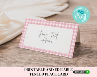 Pink Gingham Place Cards Printable and Editable - Customize, DIY, Name Cards, tented food cards, it's a girl baby shower, pink bow, 150g