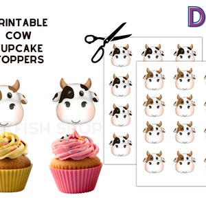 Op de afbeelding: Printbare DIY cupcake toppers met 16 koeiengezichten met bruine en zwarte vlekken. De koeiengezichten zijn wit met zwarte ogen en bruine neuzen. De toppers zijn perfect voor een boerderijthemafeest.