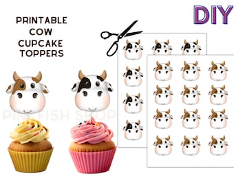 May include: Printable DIY cupcake toppers featuring 16 cow faces with brown and black spots. The cow faces are white with black eyes and brown noses. The toppers are perfect for a farm-themed party.