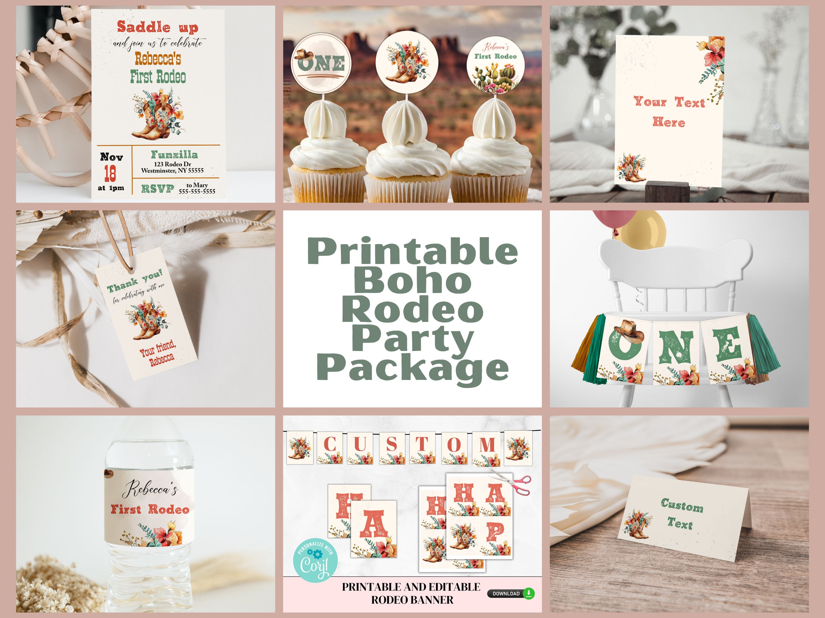 Editable and Printable Boho Rodeo Party Package DIY First Rodeo Party Printables Banner Cupcake Toppers Cowgirl Western Theme