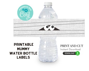 May include: Printable water bottle labels featuring a mummy design with white bandages and two googly eyes peeking out. The text "PRINTABLE MUMMY WATER BOTTLE LABELS" and "PRINT AND CUT Instant Download" is included.