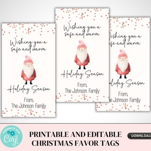 May include: Printable Christmas favor tags with a watercolor Santa Claus design. Each tag features the text "Wishing you a safe and warm Holiday Season" and "From, The Johnson Family". The tags have a white background with a rose gold confetti effect.