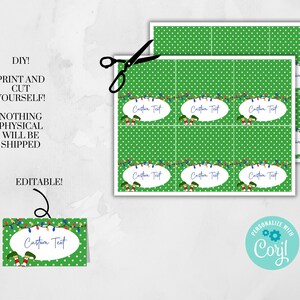May include: Printable Christmas place cards featuring a green background with white polka dots. The cards have a festive design with a string of lights and a cartoon elf. The text "Custom Text" is included on each card.