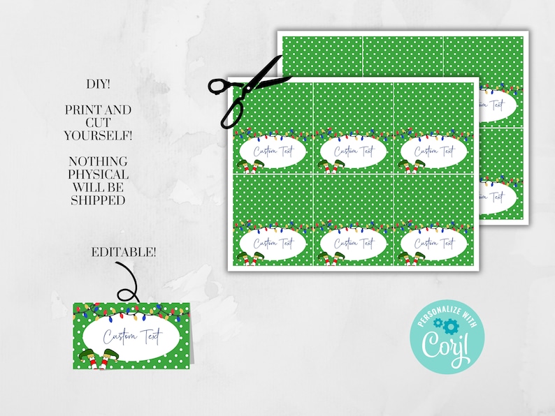 May include: Printable Christmas place cards featuring a green background with white polka dots. The cards have a festive design with a string of lights and a cartoon elf. The text "Custom Text" is included on each card.