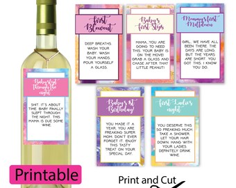 New Mom Wine Tags in Rainbow  (DIGITAL - DIY) - Mother Milestones, Labels, Tags, Baby&#39;s First,  Mother&#39;s day, Shower Gift, Mom&#39;s first