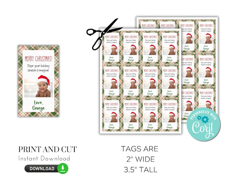 Peut inclure: Etiquettes cadeaux de No&euml;l imprimables avec un fond &agrave; carreaux et une photo d'un b&eacute;b&eacute; portant un bonnet de P&egrave;re No&euml;l. Les &eacute;tiquettes mesurent 5 cm de large et 9 cm de haut. Le texte sur l'&eacute;tiquette est "Joyeux No&euml;l ! J'esp&egrave;re que votre saison des f&ecirc;tes sera magique. Avec amour, George."