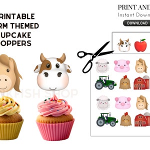 Farm Cupcake Toppers (Printable) - Digital Cow Toppers, DIY, Print and Cut, JPEG, PNG, Farm Theme, Horse, Sheep, Chicken, Birthday Party