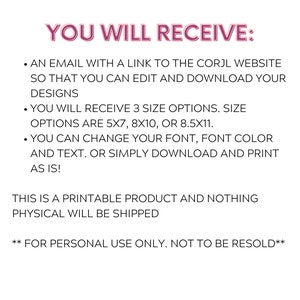 May include: Text on a white background that reads "YOU WILL RECEIVE:" followed by a list of bullet points. The bullet points describe the digital download of a printable product. The text also states "FOR PERSONAL USE ONLY. NOT TO BE RESOLD."