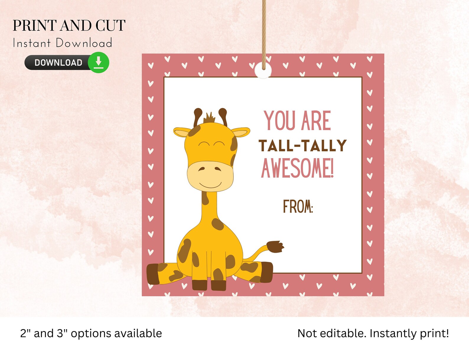 Giraffe Valentine's Day Tag Printable valentines Day Card, School Vday ...