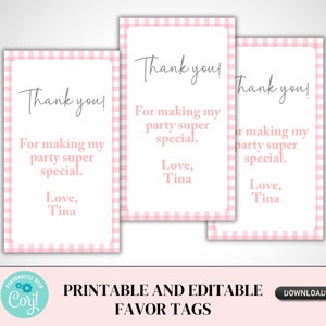 Printable and editable pink gingham favor stickers