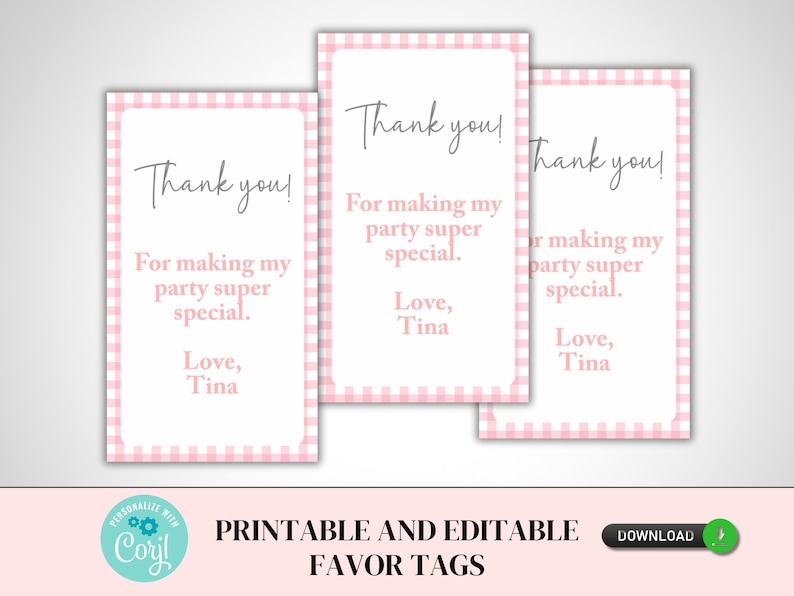 Printable and editable pink gingham favor stickers