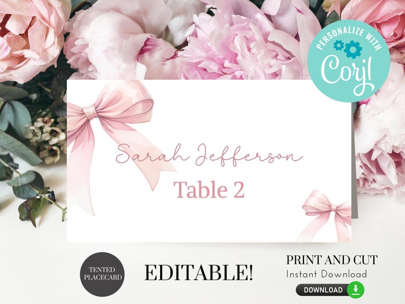 May include: Editable pink and white table card with a pink bow and the text "Sarah Jefferson Table 2".
