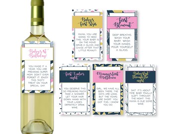 New Mom Wine Labels and Tags  (DIGITAL - DIY) - Mother Milestones, Labels, Tags, Baby&#39;s First, Ladie&#39;s Night, Birthday Gift, Mother&#39;s day