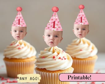 Digital Strawberry Cupcake Toppers |  Face Cupcake Toppers | Berry First Birthday Party Decorations | Strawberry Theme | Pink Strawberry