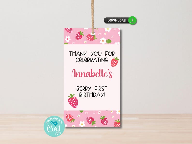 Strawberry first birthday party favor labels - digital download