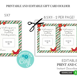 May include: Printable gift card holder template with a red and green striped background. The template features a red sleigh with a white trim and the text "Wishing you a happy and healthy holiday season."  The template is 5x7 inches and can be printed two per page on 8.5x11 inch paper.