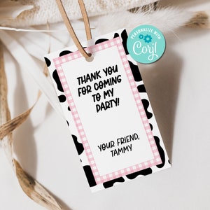 Printable and editable cow print favor tags with pink gingham accents