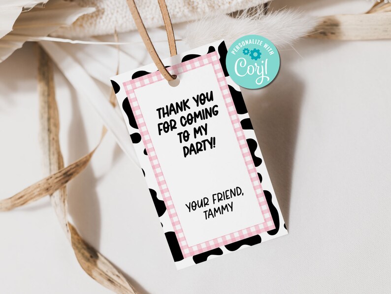 Printable and editable cow print favor tags with pink gingham accents