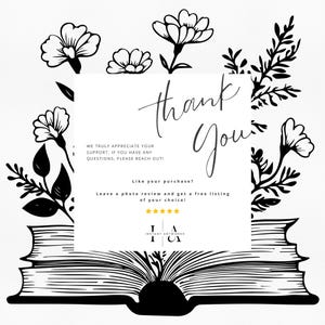May include: Black and white illustration of a stack of books with flowers and leaves around them. The top book has a white card with the text "thank you" and a message about leaving a review. The card also includes the text "Instant Artworks".