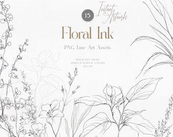 Floral Line Art Clipart – Minimalist Botanical PNG Bundle (Digital Download)