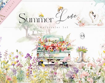 May include: Watercolor illustration set of summer flowers, a pickup truck filled with flowers, a pair of rain boots with flowers, and a pair of swans. The set includes 48 elements and is 300 DPI, 2000 x 3000 pixels.