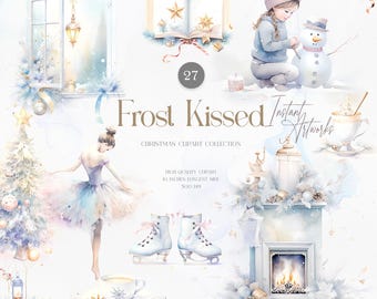 水彩クリスマス クリップアート コレクション – 冬のパステル ホリデー グラフィック、心地よい雪景色、バレリーナ、暖炉、アイス スケート、クリスマス アート