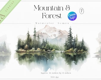 Watercolor Mountain Forest Clipart – Scenic Nature Scenes (Digital Download)