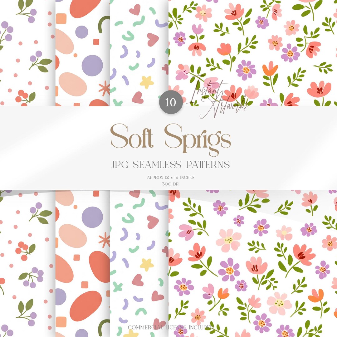 10 Pastel Floral Seamless Patterns, Delicate Botanical Digital Papers ...