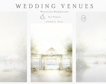 May include: A watercolor illustration of a wedding venue with a white gazebo and a large glass structure with white curtains. The illustration is set against a light background with a soft, dreamy feel.