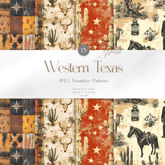 Western Texas Seamless Pattern Pack, Cowboy Digital Paper, Rustic Longhorn Background, 15 Vintage Texas JPGs for Fabric & Sublimation