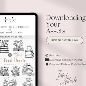 May include: A digital download screen showing a set of 36 black and white SVG book illustrations. The text on the screen says "SVG Book Bundle" and "Instant Artworks".