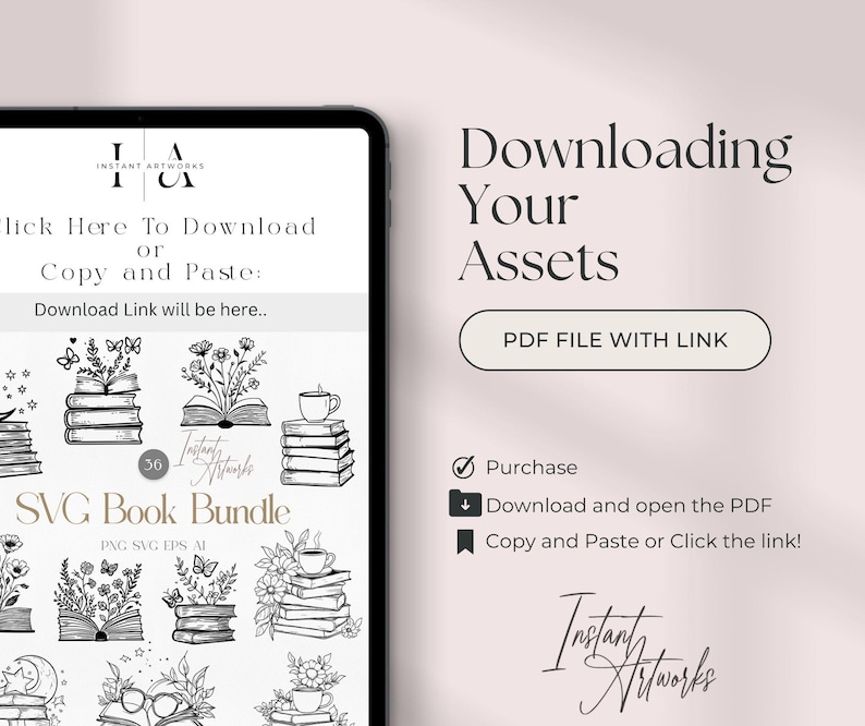 May include: A digital download screen showing a set of 36 black and white SVG book illustrations. The text on the screen says "SVG Book Bundle" and "Instant Artworks".