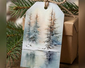 Watercolor Winter Landscape Gift Tags, Nature Christmas Printable (PDF)