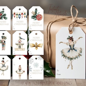 May include: A selection of white gift tags featuring watercolour illustrations and the text "MERRY CHRISTMAS." Designs include baubles, a nutcracker, a ballerina, and snowflakes. The tags are ready to print in PDF and PNG formats.