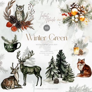 Collection hiver boisée douillette, cliparts forêt, paysages d'hiver, aquarelle d'hiver, aquarelle de Noël, aquarelle de bois, publicité