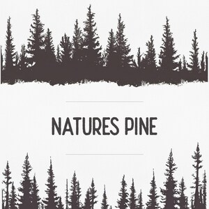May include: Two black and white silhouette images of pine trees against a white background. The top image has the text "IA" in a gray font. The bottom image has the text "NATURES PINE" in a black font.