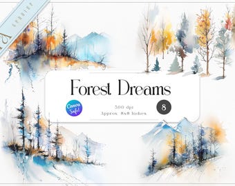 Watercolor Mountain Forest Clipart, Outdoor PNG Bundle (Digital Download)
