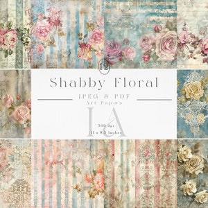 Junk Journal Papers, Shabby Floral, Rose, Pink, Vintage, Wedding, Scrapbook, Blue, Printable, Digital Download, Art Papers, Collage Papers