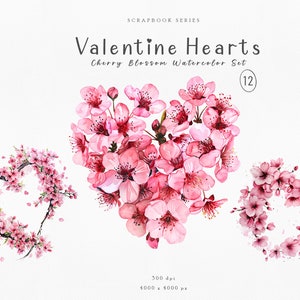 バレンタイン ハート 水彩画 クリップアート - 12 種類の桜のデジタル アート グラフィック - ピンクの花の愛のテーマ - すぐにダウンロード