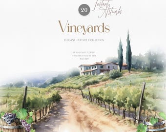 Watercolor Vineyards Clipart Collection, Watercolor Winery PNG Set, Digital Art for Invitations, Branding & Decor